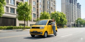 Wuling HongGuang Mini EV màu vàng trên phố
